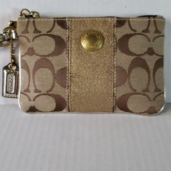 Coach GOLD Signature Logo Canvas Pouch Wristlet Clutch Wallet Bag WOMEN'S WOMANS - Picture 3 of 16